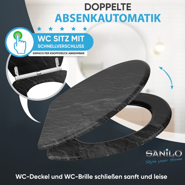 WC Sitz mit Stein Optik und doppelter Absenkautomatik sowie Schnellverschluss zum leichten Abnehmen des Deckels von Sanilo