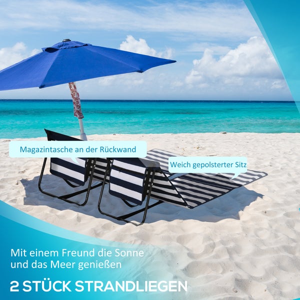 Outsunny 2er-Set Strandmatte, klappbar, verstellbar, mit Tragetasche, 142 x 51 x 40 cm, Stahl, Oxford, Blau+Weiß