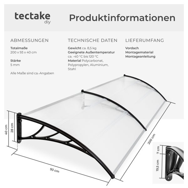 Vordach tectake  200 x 93 cm in Bogenform transparent