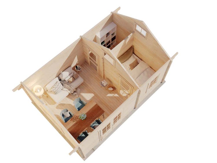 Innenansicht eines Holzhauses mit Wohnbereich, Essbereich und Schlafzimmer