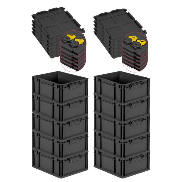 PROREGAL SuperSparSet 10x Eurobox NextGen Grip mit Scharnierdeckel und gelben Schiebeschnappverschlüssen, HxBxT 17x30x40cm, 16 Liter, Schwarz, Griffe geschlossen, Eurobehälter, Transportbox, Transportbehälter, Stapelbehälter