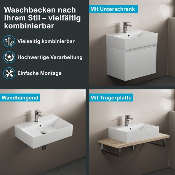 Vielseitig kombinierbares weißes Waschbecken in drei Montagevarianten: mit Unterschrank, wandhängend oder auf einer Trägerplatte aus Holz.