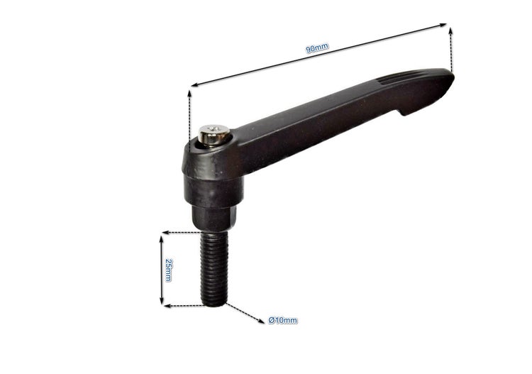 Verstellbarer Klemmhebel mit 90 Millimeter Hebellänge und 25 Millimeter Gewindestange mit 10 Millimeter Durchmesser.