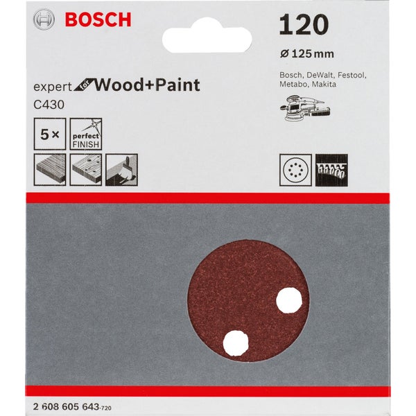 Bosch 5x Schleifblatt C430 Expert for Wood 8 Löcher Klett 125 mm K120 - 2608605643