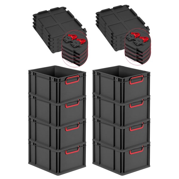 PROREGAL SuperSparSet 8x Eurobox NextGen Color mit Scharnierdeckel und Schiebeschnappverschlüssen, HxBxT 22x30x40cm, 20 Liter, Schwarz, Griffe rot geschlossen, Eurobehälter, Transportbox, Transportbehälter, Stapelbehälter
