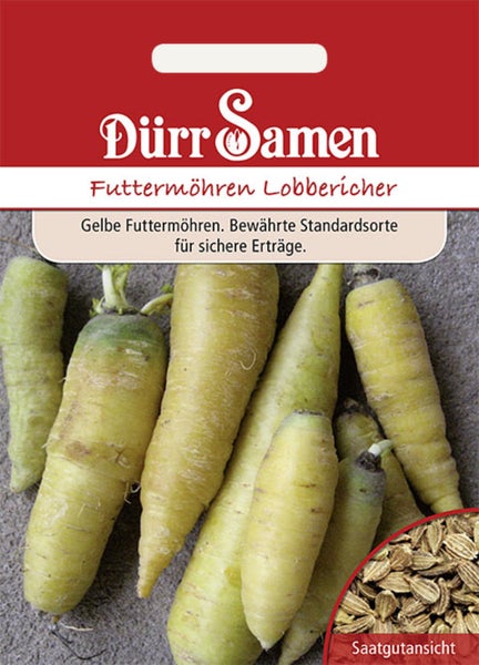 Samenpackung für Futtermöhren Lobbericher mit Dürr Samen Logo, Abbildung gelber Möhren und Detailansicht der Samen.