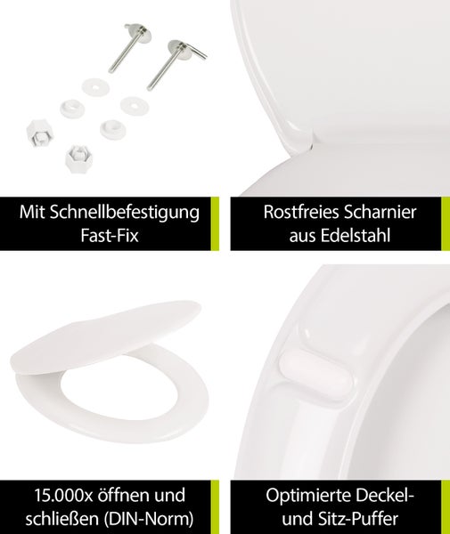aquaSu® WC-Sitz Siena, Weiß, antibakterieller Duroplast Toilettensitz, Edelstahl-Scharniere, Schnellbefestigung Fast-Fix, Toilettendeckel, universale O Form, Klodeckel & Klobrille Weiß 215022