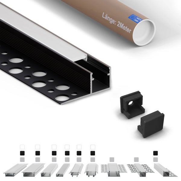 Einbauprofil für LED Streifen aus Aluminium mit Abdeckung und Endkappen, inklusive Verpackungsrohr mit 2 Meter Länge.