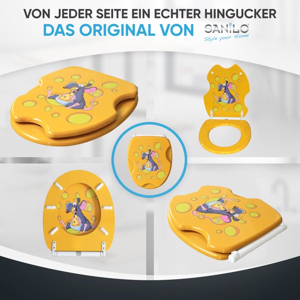 Toilettensitz mit Motiv einer Ratte, die Käse frisst, in verschiedenen Ansichten dargestellt, Sanilo Logo.