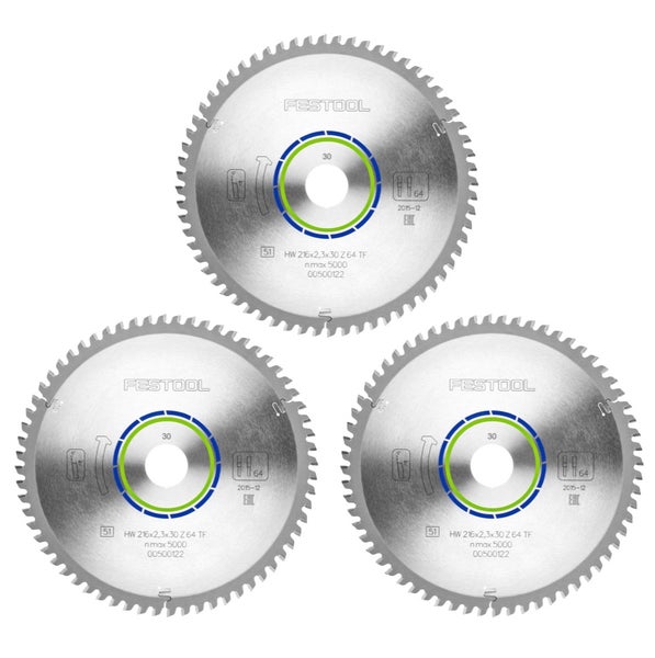 Festool Spezial Kreissägeblatt Set 3x HW 216 x 30 x 2,3 mm TF64 216 mm ( 3x 500122 ) 64 Zähne