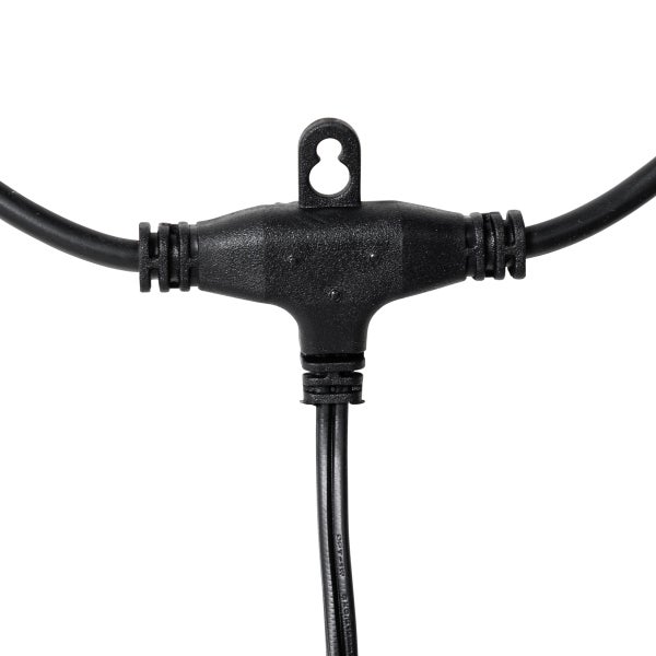 T-Verteiler für Kabel mit Aufhängeöse aus schwarzem Kunststoff.