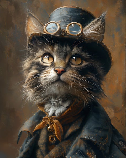 Porträt einer Katze mit Hut und Brille im Steampunk-Stil