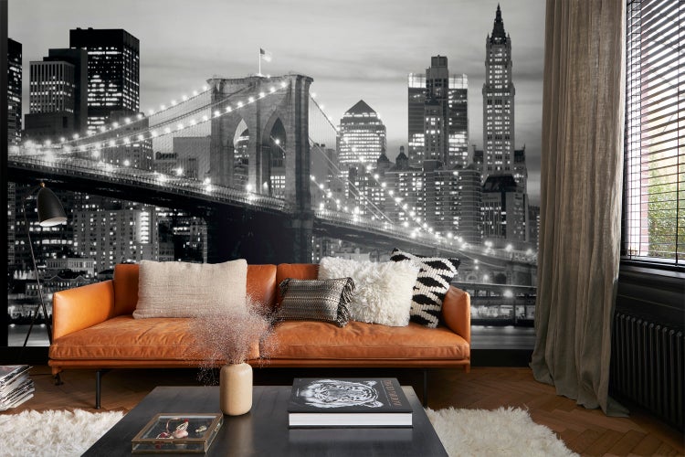 Wohnzimmer mit Fototapete der Brooklyn Bridge und New York City Skyline