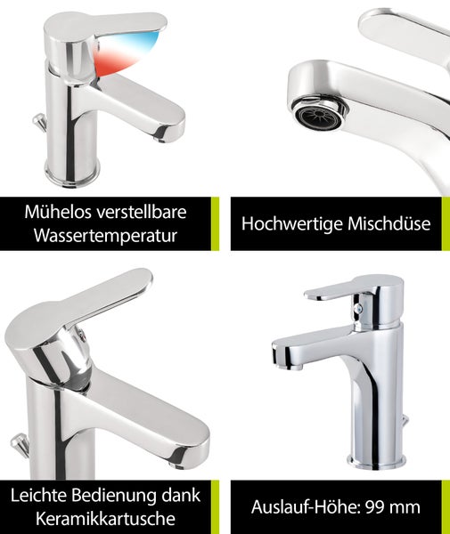 Aquasu Niederdruck Waschtischarmatur Tius, inklusive Excentergarnitur, langlebige Keramikkartusche, für Anschluss an Boiler oder Warmwasserbereiter, Standard-Montage, Messingkern, verchromt, 796101