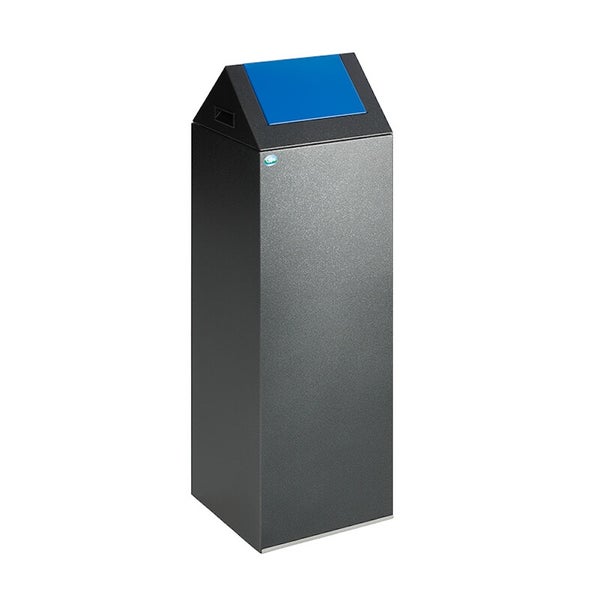 Mülltrennsystem aus Metall in Anthrazit mit blauem Einwurfdeckel.