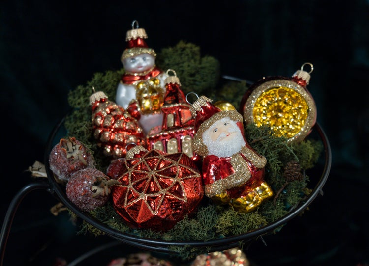 Rot-Goldenes Formen- & Figuren-Sortiment 6-8cm, 9-teilig Glasornamente, mundgeblasen, handbemalt, 9 Stck., Weihnachtsbaumkugeln, Christbaumschmuck, Weihnachtsbaumanhänger