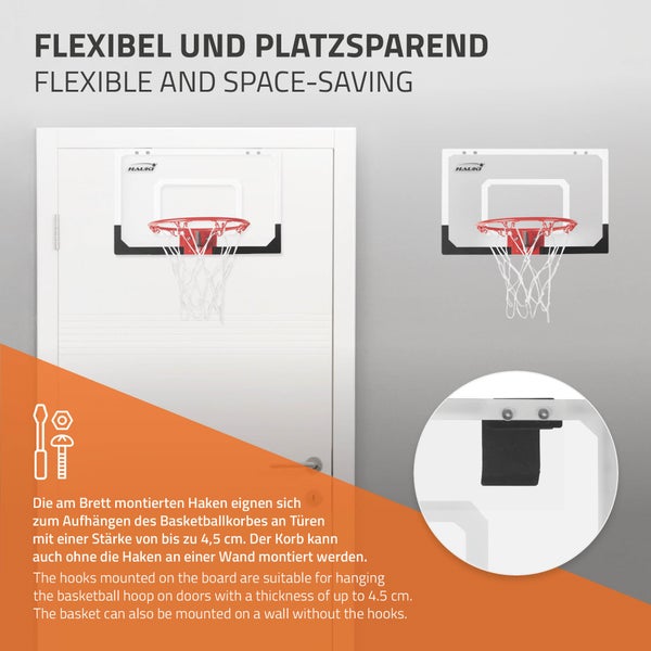 Hauki Mini Basketballkorb fürs Zimmer im Set 3 Bälle Ø16cm, Netz, Pumpe, 45,5x30,5 cm, Weiß, tragbar, Backboard Tür/Wandmontage, ohne Bohren, Indoor Basketball Hoop hängend, Hängebrett Basketballbrett