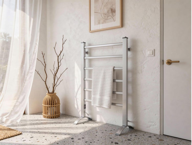 Heller Raum mit Handtuchheizkörper, Handtuch, Dekoration und Tageslicht