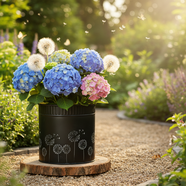 Blaue und rosa Hortensien mit weißen Pusteblumen in einem schwarzen Metalleimer mit Pusteblumen-Motiv auf einer Baumscheibe im sonnigen Garten.