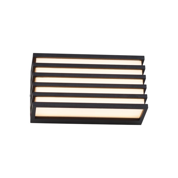 Rechteckige Außenwandleuchte in Schwarz mit horizontalen Lamellen und warmem Lichtschein.