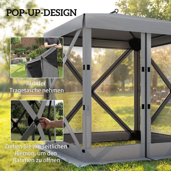 Pop-up-Pavillon in Grau mit Insektenschutzgittern im Garten. Inset-Bilder zeigen das Auspacken aus der Tasche und das Öffnen des Rahmens per Riemen.