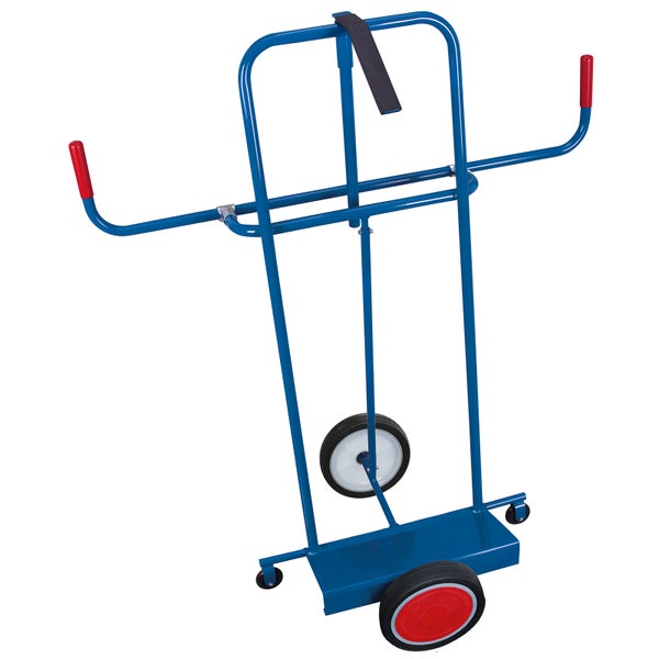 Rollenlifter für Bodenbeläge aus blauem Stahlrohr mit verstellbaren Haltearmen und Transporträdern.