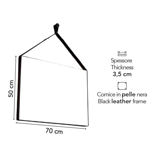 Wandspiegel mit schwarzem Lederrahmen und Aufhängung, Breite 70 Zentimeter, Höhe 50 Zentimeter, Tiefe 3,5 Zentimeter.
