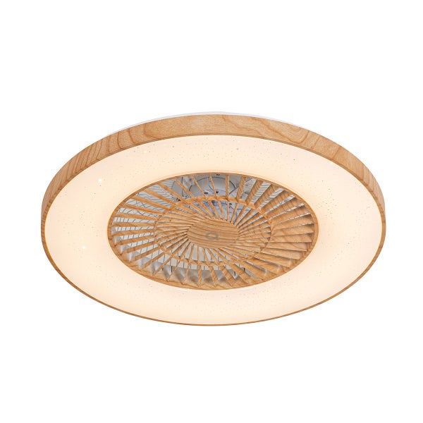 Runder Deckenventilator mit integriertem LED-Licht in Holzoptik und Sterneneffekt.