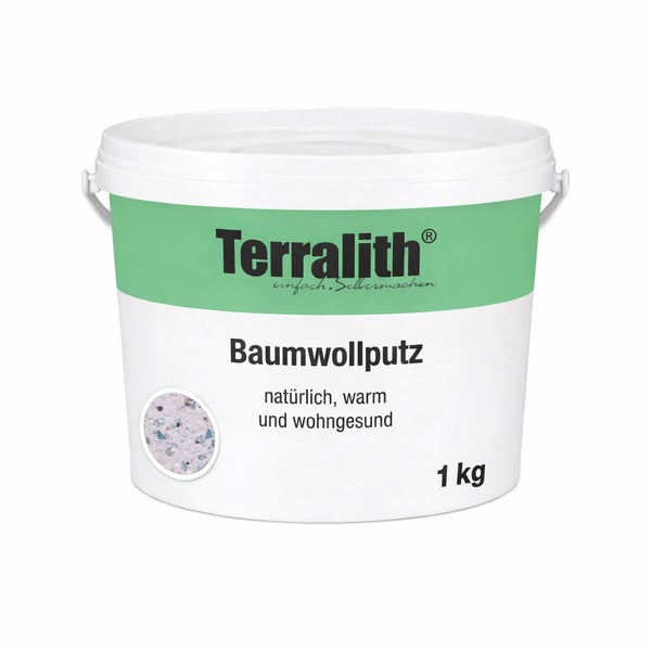 Terralith Baumwollputz im 1 Kilogramm Eimer.