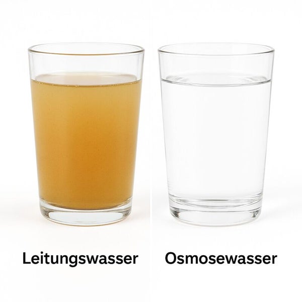 Vergleich von Leitungswasser und Osmosewasser in zwei Gläsern. Leitungswasser ist trüb, Osmosewasser ist klar.
