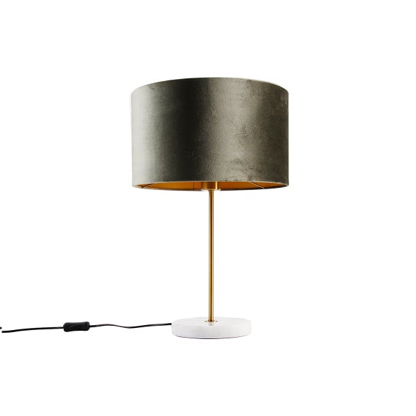Tischleuchte mit rundem Lampenschirm aus Samt, einem goldenen Ständer und einem Sockel aus Stein
