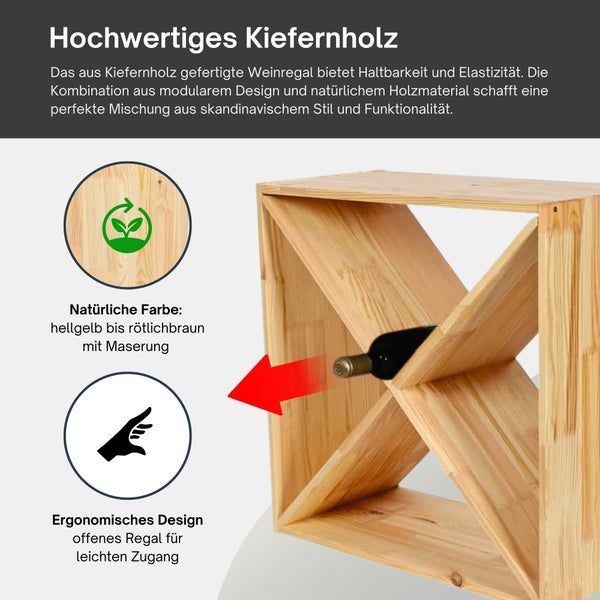 Modulares Weinregal aus Kiefernholz mit X-förmigem Einsatz, ergonomisches offenes Design für einfachen Zugriff und natürliche Holzmaserung.