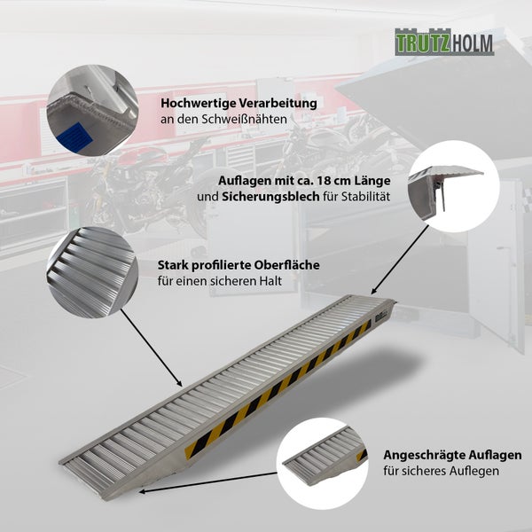 Trutzholm Logo. Trutzholm Auffahrrampe aus Aluminium, profiliert, circa 18 Zentimeter Auflage, Sicherheitsblech und stabile Schweißnähte.