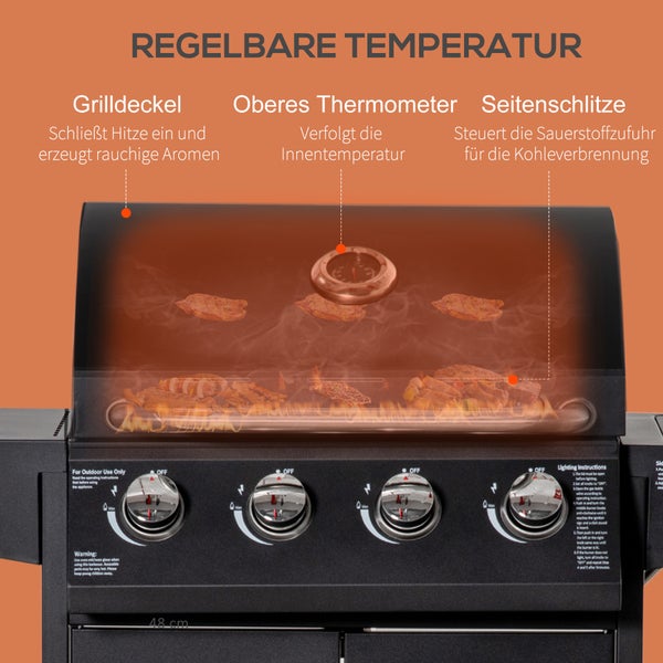 Outsunny Gasgrill, mobiler Grillwagen, BBQ mit 3 Brennern je 3 kw, 132,4 x 55 x 109cm, Stahl, Schwarz