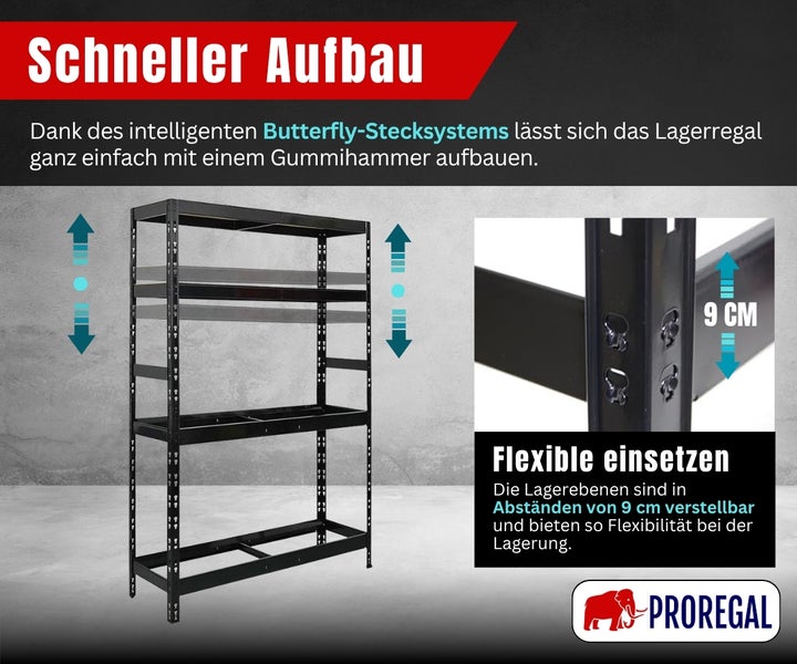Schwarzes Lagerregal aus Metall mit Butterfly-Stecksystem für schnellen Aufbau und in 9 Zentimeter Schritten höhenverstellbaren Ebenen. Proregal Logo.