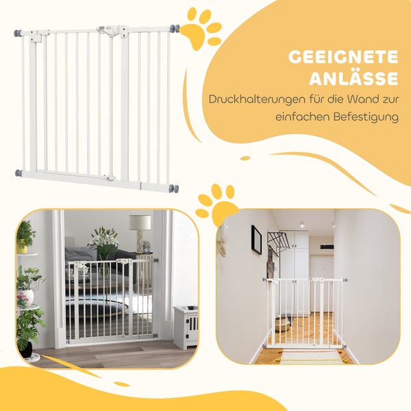 PawHut Türschutzgitter Hunde, Absperrgitter, 74-94 cm, Treppenschutzgitter für Haustier, Hundegitter inkl. Verlängerung, Schutzgitter ohne Bohren, Metall, Kunststoff, Weiß