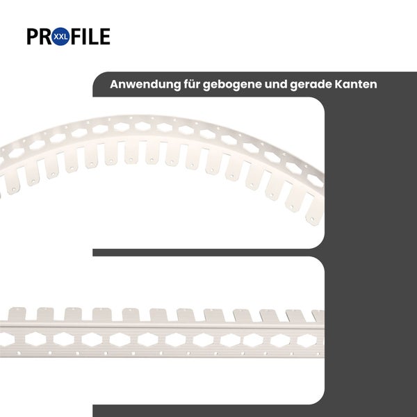 PRO XXL FILE Logo. Flexibles Putzprofil aus Kunststoff für gebogene und gerade Kanten mit runden und sechseckigen Lochungen.