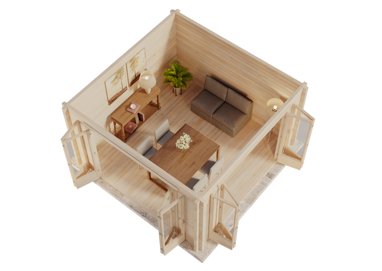 Innenansicht eines hellen Blockbohlenhauses aus Holz mit Essbereich, Sofa, Sideboard und geöffneten Glastüren.