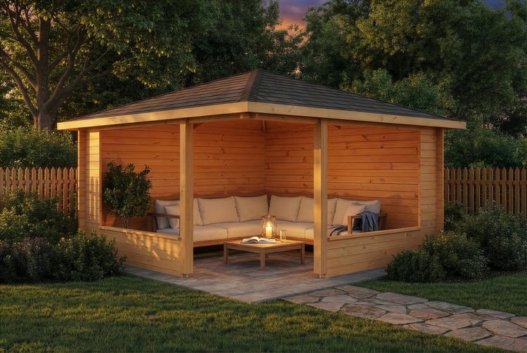 Gartenpavillon aus Holz mit Walmdach, Ecksofa und Couchtisch auf einer Steinterrasse im Garten bei Abenddämmerung.