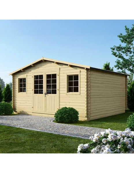 Gartenhaus aus Holz mit Doppeltür und zwei Fenstern, Frontansicht