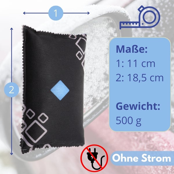 Auto-Luftentfeuchter mit den Maßen 11 cm x 18,5 cm und einem Gewicht von 500 g, der ohne Strom funktioniert