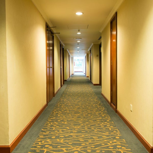 Heller, langer Hotelflur mit gemustertem Teppichboden, Holztüren und Deckenbeleuchtung.