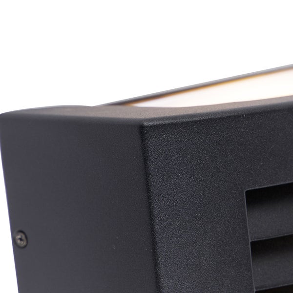 Detailansicht einer schwarzen Außenwandleuchte mit strukturierter Oberfläche.