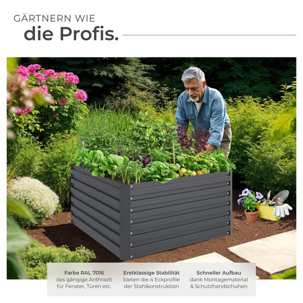 Hochbeet aus Stahl im Garten mit Mann beim Bepflanzen