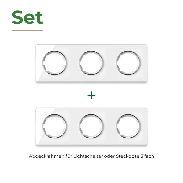 Set mit zwei dreifachen Abdeckrahmen für Lichtschalter oder Steckdosen für eine Unterputz Installation.