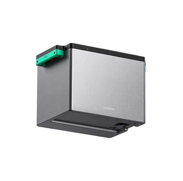 Zendure AB3000L Zusatzbatterie für Balkonkraftwerk, Lithium-Eisenphosphat-Speicher, grau mit türkisfarbenem Griff.