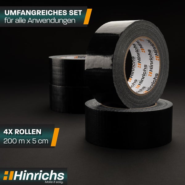 Hinrichs Panzertape Schwarz - 4 Rollen,  für Innen und außen - 50m x 50mm - Gratis Cuttermesser