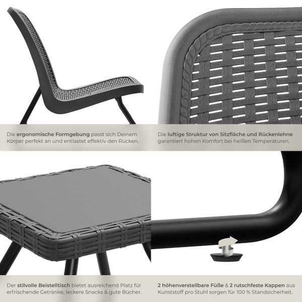 Detailansicht von Gartenmöbeln: Stuhl mit ergonomischer Form, luftiger Sitzstruktur, Beistelltisch mit Glasplatte und höhenverstellbare Füße.