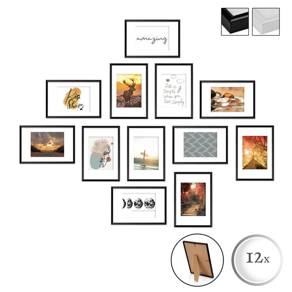 Set mit zwölf Bilderrahmen mit unterschiedlichen Motiven