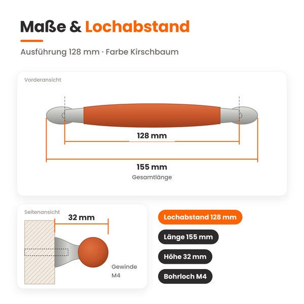 Maßzeichnung eines Möbelgriffs mit 128 mm Lochabstand, 155 mm Gesamtlänge, 32 mm Höhe und M4 Gewinde in der Ausführung Kirschbaum.